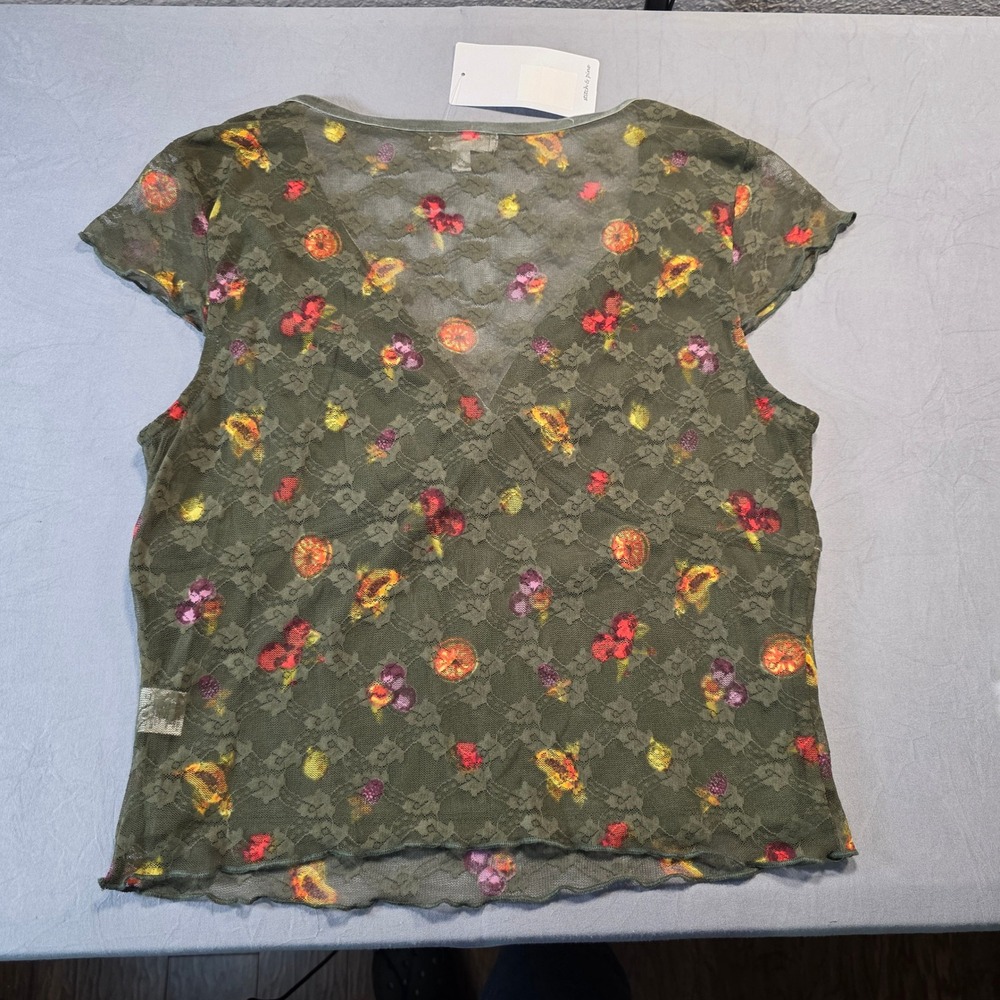 Stitch & Pine Olive Green Floral Lace Mesh Fruit Print V-Neck Top Juniors XL